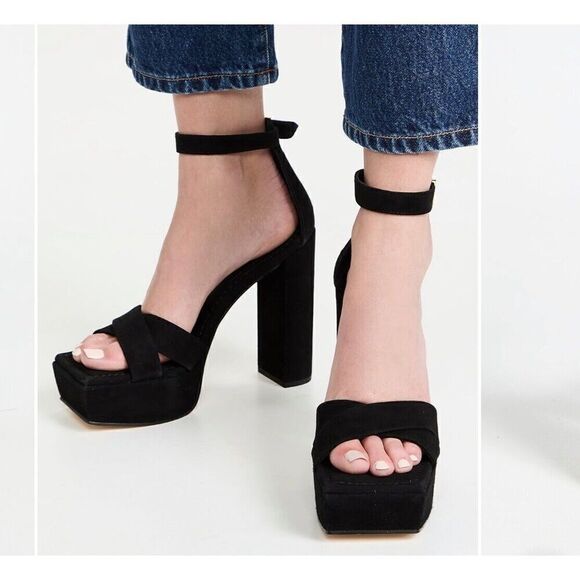 GOOD AMERICAN Description Platform Sandal Womens 9 Black Suede Heels NEW Ankle - Picture 1 of 11